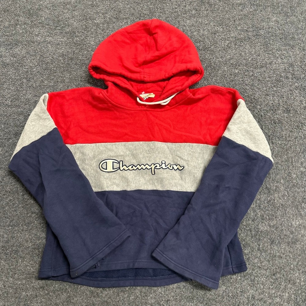 Champion Hoodie Womens Size Large Red Grey Blue Reverse Weave Colorblock Cropped